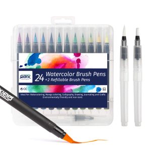 QBIX Set di pennelli per acquerello - 24 colori inclusi 2 pennarelli vuoti e carta per acquerello