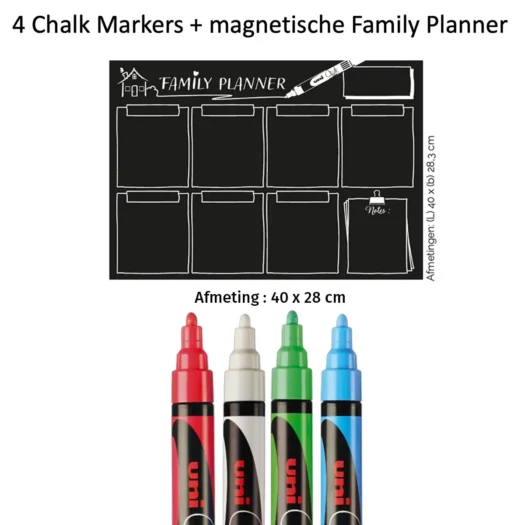 De Uni-ball Chalk family planner is de mooiste manier om je plannen uit te stippelen. Plak de magnetische planner op de koekast en plot je plannen voor de week met een handomdraai  4 Chalk Markers handige magnetische Family Planner